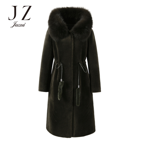 JUZUI/玖姿2018冬新款狐狸大毛领连帽抽绳收腰羊毛大衣皮草商品大图
