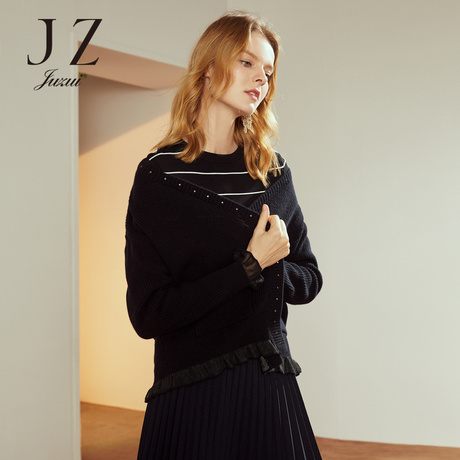 JUZUI/玖姿旗舰店2018冬装新款黑色无扣外搭羊毛针织开衫女商品大图