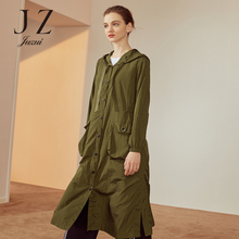 JUZUI/玖姿旗舰店薄风衣女2018新款连帽抽绳收腰长款过膝外套图片