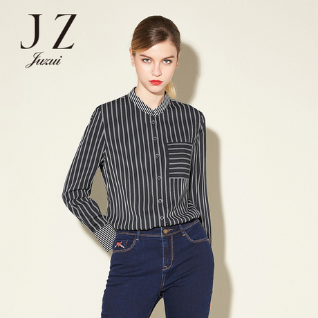 JUZUI/玖姿旗舰店条纹衬衫女装2017冬季新款修身立领长袖上衣女商品大图