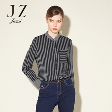 JUZUI/玖姿旗舰店条纹衬衫女装2017冬季新款修身立领长袖上衣女图片