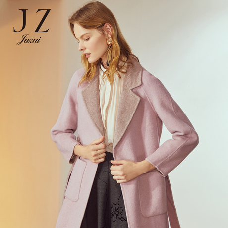 JUZUI/玖姿女装2018冬装新款拼色无扣中长款修身双面呢大衣腰带款商品大图
