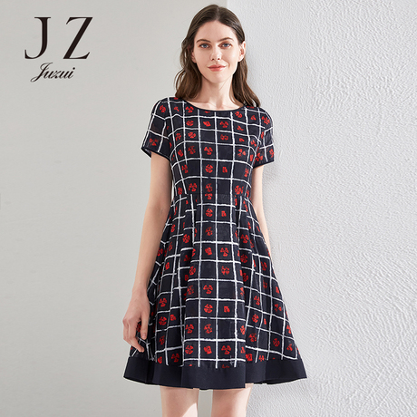 JUZUI/玖姿品牌2018夏装新款修身圆领短袖中长款连衣裙女商品大图