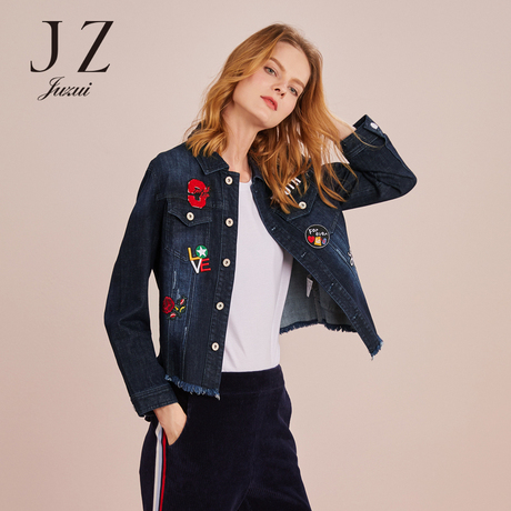 JUZUI/玖姿旗舰店2018秋装方领绣花水洗上衣牛仔外套女短款商品大图