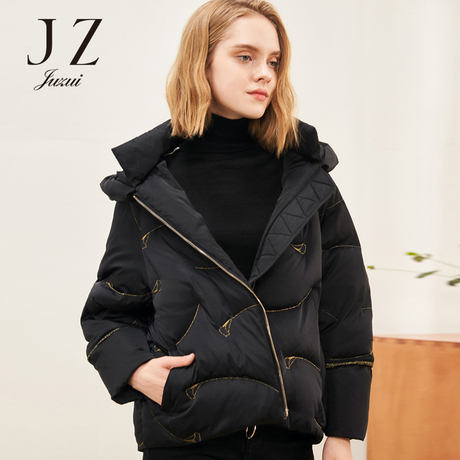 JUZUI/玖姿旗舰店2018冬装新款连帽亮丝绣花羽绒服女商品大图