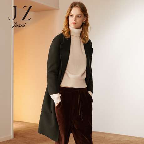 JUZUI/玖姿旗舰店2018简约大翻领羊毛双面呢中长款大衣女冬商品大图
