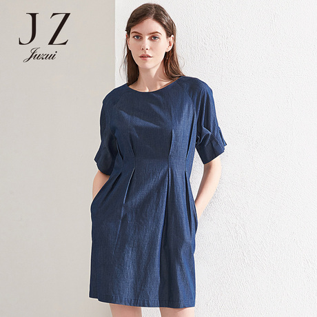 JUZUI玖姿旗舰店2018新款水洗牛仔圆领收腰连衣裙夏显瘦商品大图