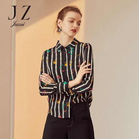 JUZUI/玖姿旗舰店2018秋装新款黑白撞色音符印花竖条纹衬衫女商品大图