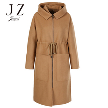 JUZUI/玖姿女装2018冬装新款连帽抽绳双面呢羊毛翻领大衣女中长款图片