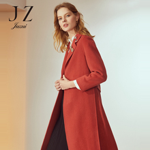 JUZUI/玖姿女装2018冬装新款胸针双面呢侧开叉过膝中长款大衣女图片