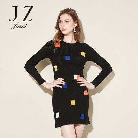 JUZUI/玖姿旗舰店2018春新款方格图案长袖修身圆领撞色毛衫女商品大图