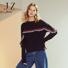 JUZUI/玖姿旗舰店冬装新款2018荷叶边针织短款圆领套头毛衣女图片