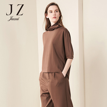 JUZUI/玖姿2018春装新款纯色中袖上衣休闲高领宽松小衫女图片