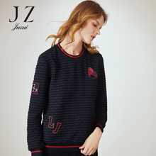 JUZUI/玖姿旗舰店2018冬装条纹贴布绣花亮片套头圆领卫衣女图片