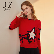 JUZUI/玖姿旗舰店2018冬装新款红色毛衣撞色星星图案羊毛衫女图片