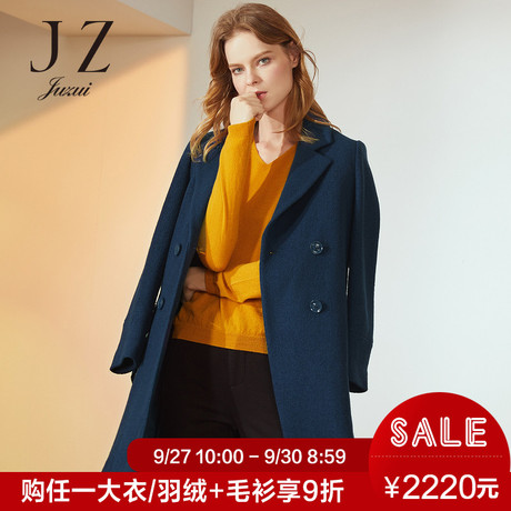 JUZUI/玖姿旗舰店2018冬羊毛混纺双排扣西装领中长大衣女外套商品大图