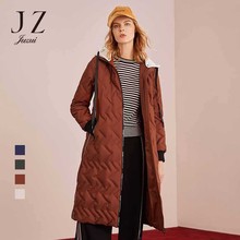 双十一预售 玖姿女装2018冬装新款撞色胶印连帽长款羽绒服女过膝图片