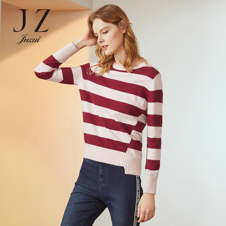 JUZUI/玖姿旗舰店2018冬装新款圆领红白条纹套头针织衫女毛衣商品大图