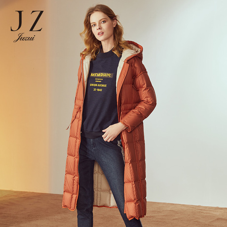 JUZUI/玖姿旗舰店2018冬新款拉链连帽长款羽绒服女收腰显瘦商品大图