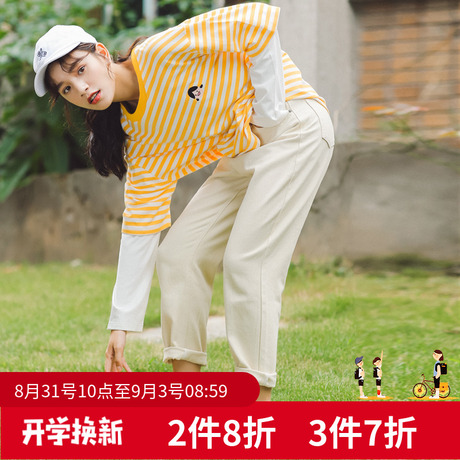 条纹t恤2018新款韩版宽松假两件长袖网红同款秋天上衣女装衣服潮商品大图