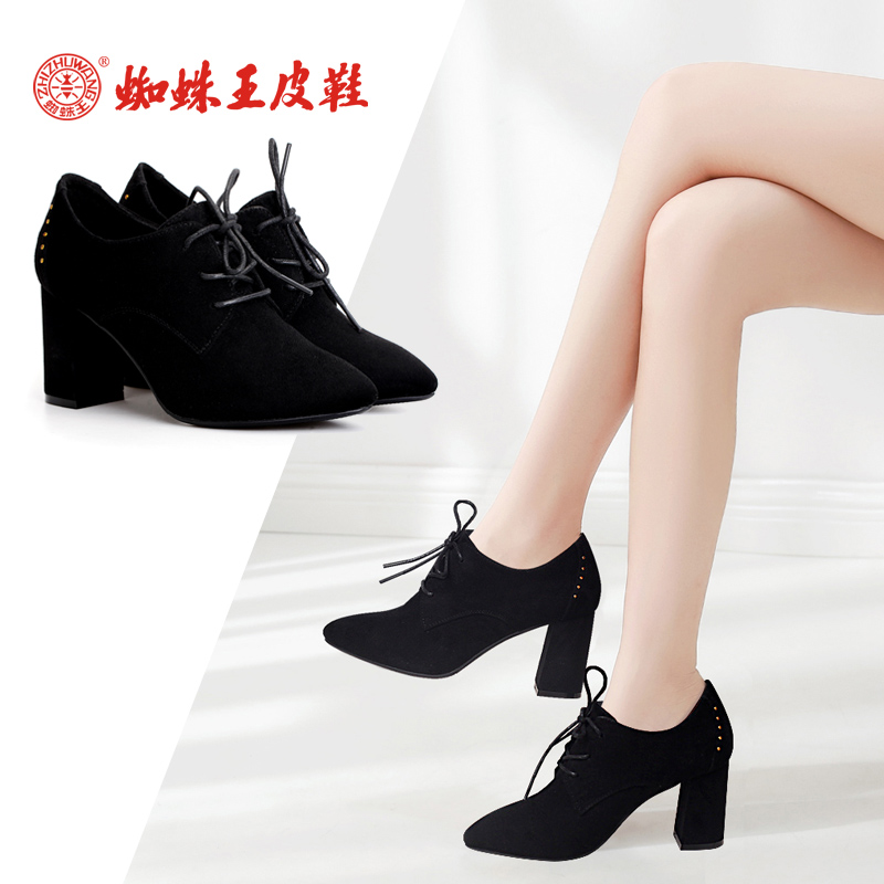 Spider King Women's Shoes 2018 New Autumn/Winter Deep Mouth Single Shoes Women's Thick Heels High Heels Pointed Black Suede Small Leather Shoes