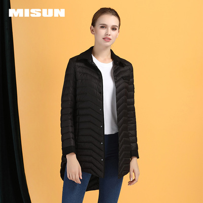 MISUN/米尚2018秋冬欧洲站呢子拼接衬衫版中长款轻薄羽绒服女外套