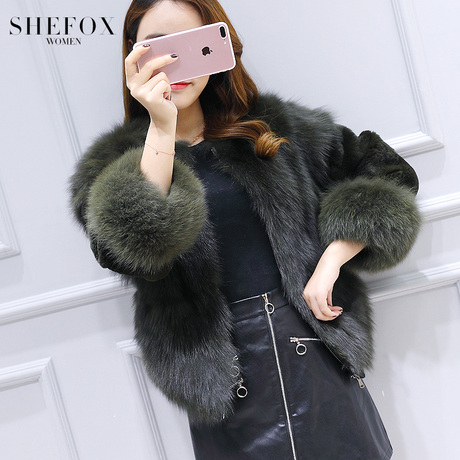 SHE FOX2017新款海宁皮草狐狸毛皮草外套短款女装修身獭兔袖大衣商品大图