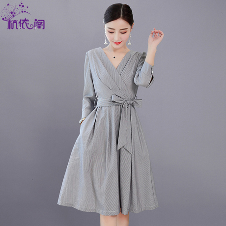 连衣裙秋装女2018新款韩版修身女装春秋V领气质港味条纹显瘦裙子商品大图