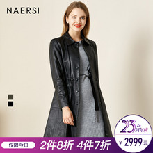 娜尔思女装皮衣外套2018秋冬新款宽松系带收腰中长款绵羊皮革外套图片