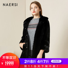 娜尔思女装裘皮外套2018冬季新款时尚黑色连帽保暖中长款裘皮大衣图片