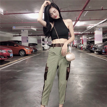 高腰工装 配腰带女夏 九分裤 港味复古chic性感挂脖背心 朵拉潮人馆