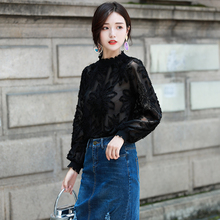 千百惠2018秋装新款女气质半透视黑色上衣圆领长袖优雅百搭蕾丝衫图片