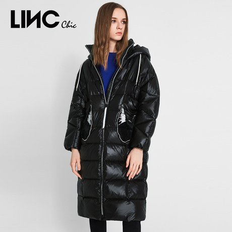 LINC金羽杰2018冬季新款披挂式亮面连帽羽绒服女长款外套8434483商品大图