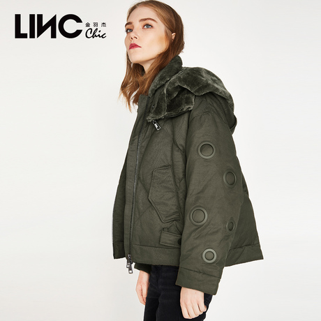 LINC金羽杰冬季新品大毛领大披肩连帽羽绒服女短款外套7470107商品大图