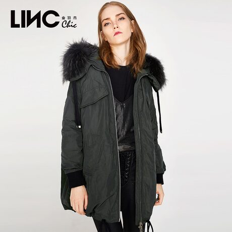 LINC金羽杰街头风羽绒服中款冬季女抽绳夹克貂子大毛领潮7460920商品大图