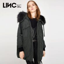LINC金羽杰街头风羽绒服中款冬季女抽绳夹克貂子大毛领潮7460920图片