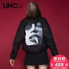 LINC金羽杰秋新款V领夹克版印花轻薄羽绒服女短款宽松外套7360701图片