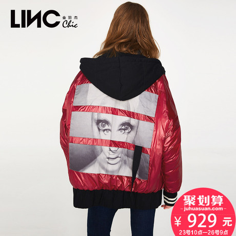 LINC金羽杰冬新款金属感蝙蝠袖街头印花羽绒服女短款宽松7450805商品大图