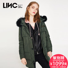 LINC金羽杰羽绒服女中长款外套冬新款直身贴兜连帽大毛领7470817图片