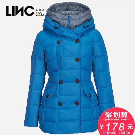 LINC金羽杰冬时尚双排扣拼色双层领羽绒服女一手长修身外套182902商品大图