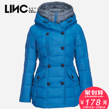 LINC金羽杰冬时尚双排扣拼色双层领羽绒服女一手长修身外套182902图片