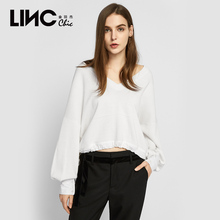 LINC金羽杰2018秋装新款灯笼袖深V领套头毛衣女短款宽松潮8311101图片