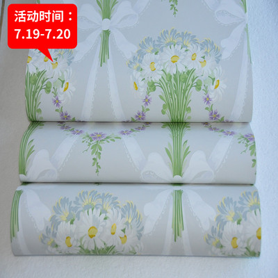 美国进口纯纸壁纸美式田园风灰色花束简约女孩卧室客厅背景墙墙纸