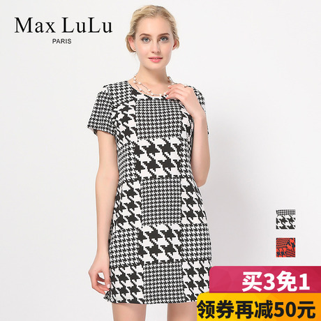 Max LuLu2018夏季新款中老年妈妈千鸟格印花圆领短袖大码连衣裙女商品大图