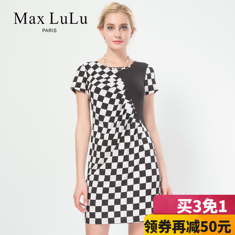 Max LuLu夏款黑白棋盘格圆领高腰褶皱中老年宽松大码女装连衣裙女商品大图