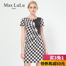 Max LuLu夏款黑白棋盘格圆领高腰褶皱中老年宽松大码女装连衣裙女图片