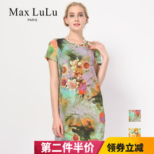 Max LuLu夏款优雅印花圆领短袖大码女装中老年妈妈装连衣裙30-40图片