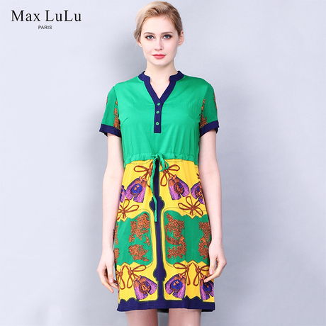 Max LuLu夏款印花绑带V领显瘦大码女装中老年妈妈连衣裙女30-40商品大图