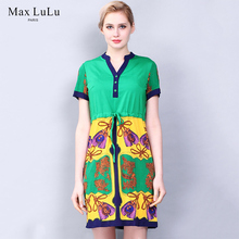 Max LuLu夏款印花绑带V领显瘦大码女装中老年妈妈连衣裙女30-40图片