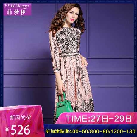菲梦伊印花真丝双绉连衣裙女春夏款复古时尚桑蚕丝中长裙度假裙子商品大图